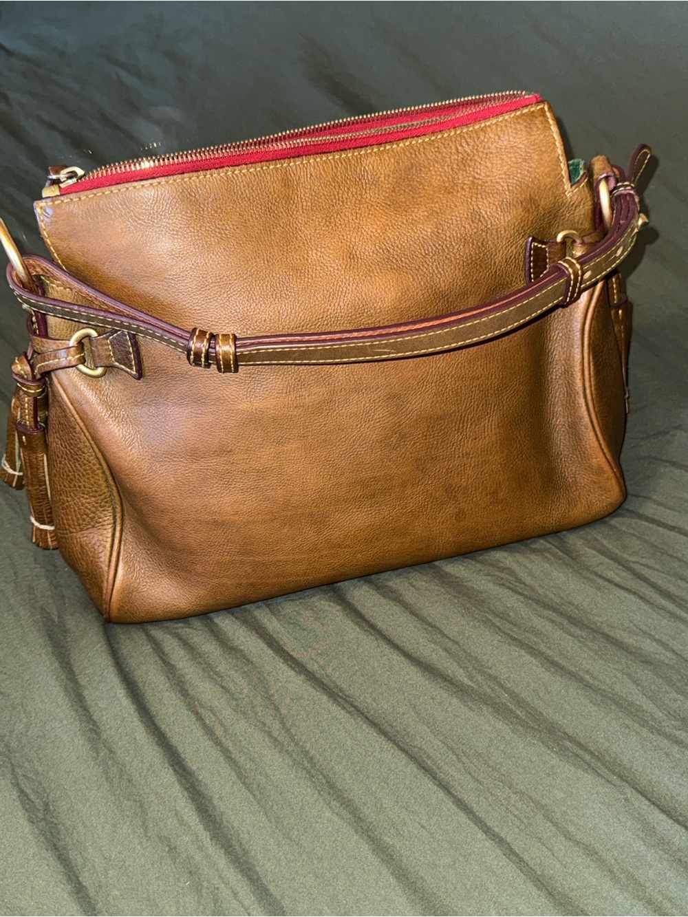 Dooney & Bourke Brown Leather Shoulder Bag with Red Trim - Picture 7 of 9